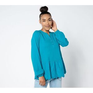 Liberare Women's Top Sz XS Split Crewneck Eyelet Blouse Blue A659300